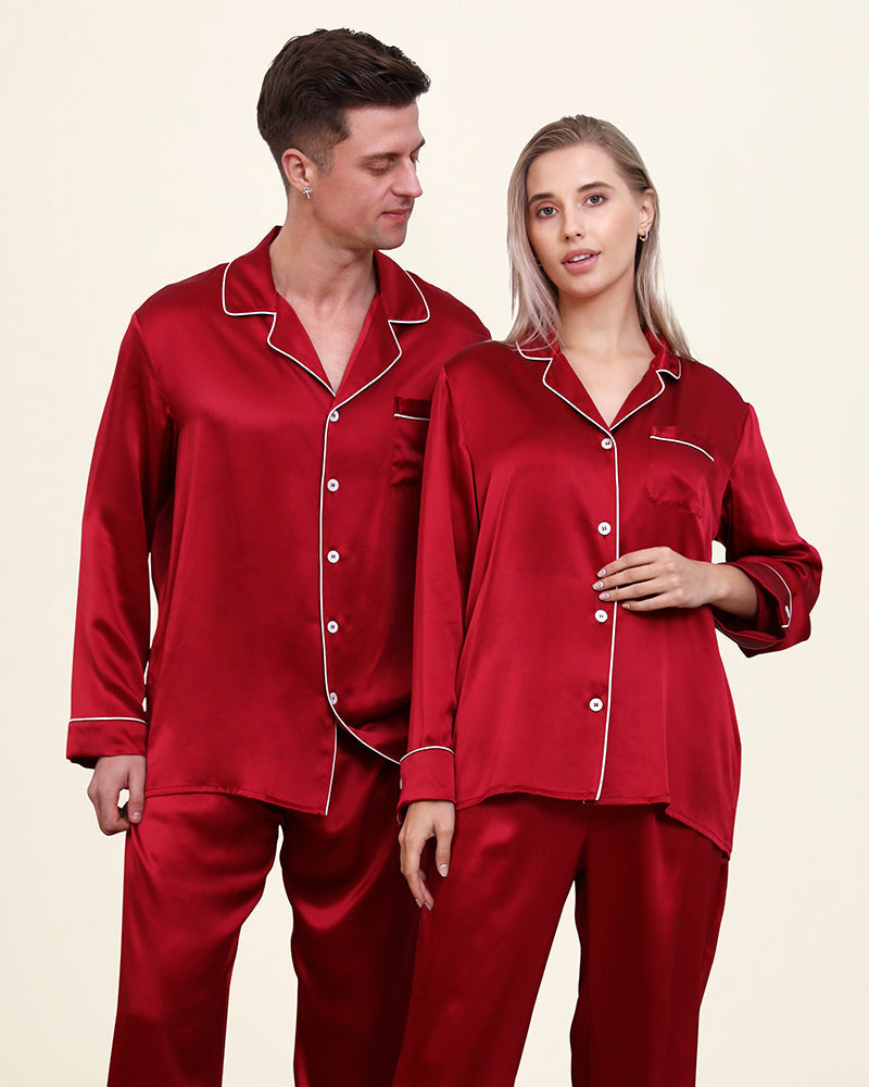 Classic Long Silk Pajamas for Couples, Burgundy