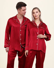 Classic Long Silk Pajamas for Couples, Burgundy