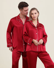 Classic Long Silk Pajamas for Couples, Burgundy