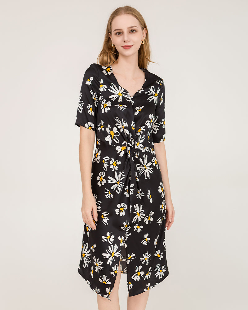 silk midi dress short sleeve Women's Black Satin Short Sleeve Midaxi Dress