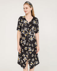 Daisy Print V-Neck Silk Midi Dress with Short Sleeves