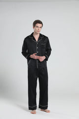 Casual Lapel Collar Silk Pajamas Set for Men, Black