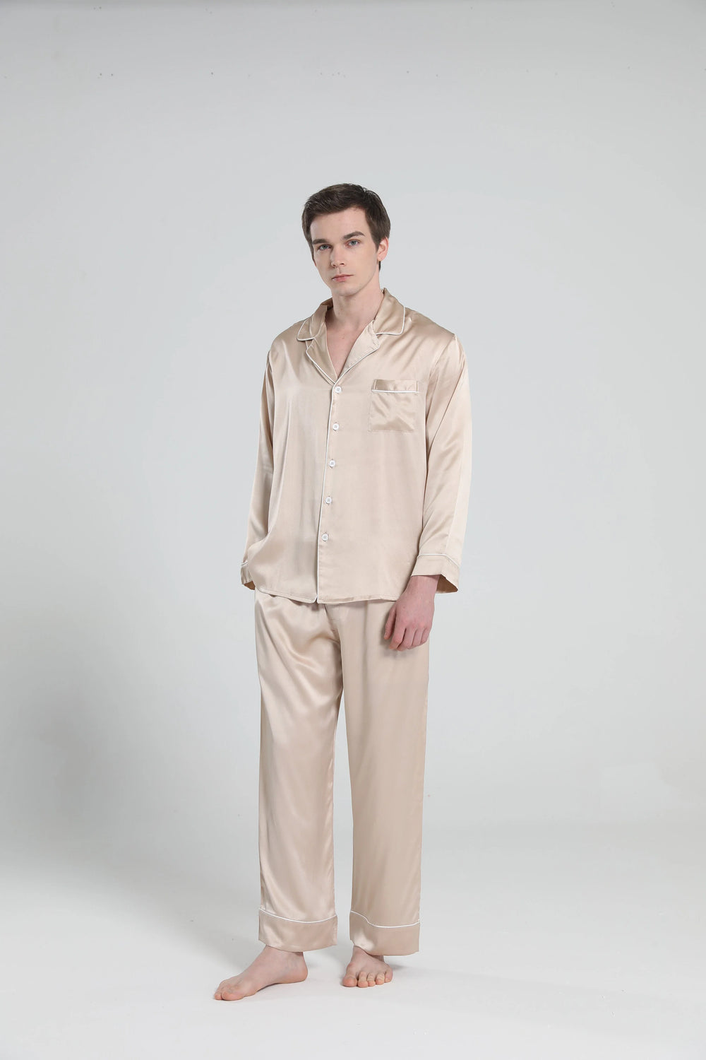 Casual Lapel Collar Silk Pajamas Set for Men, Champagne