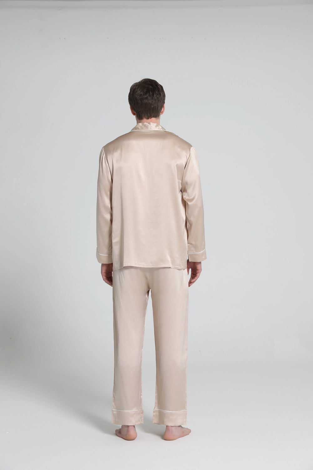 Casual Lapel Collar Silk Pajamas Set for Men, Champagne