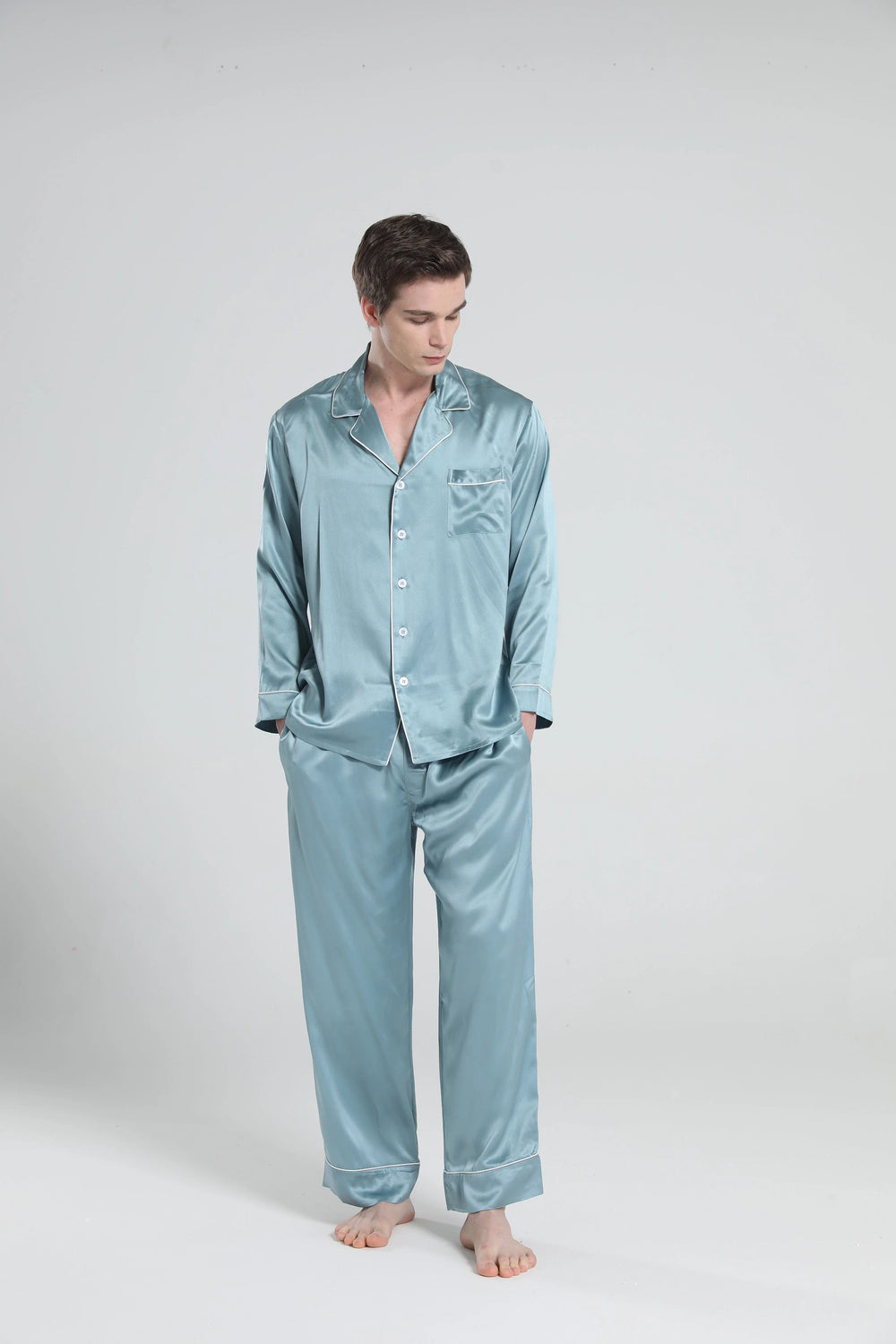 Casual Lapel Collar Silk Pajamas Set for Men, Haze Blue