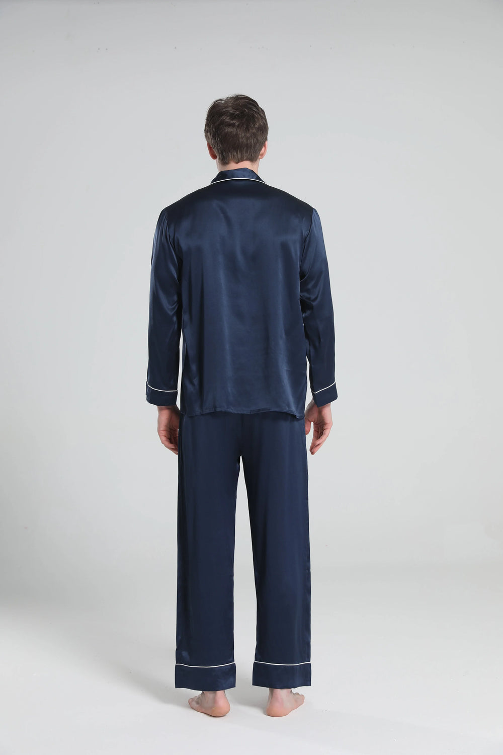 Casual Lapel Collar Silk Pajamas Set for Men, Navy