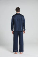 Casual Lapel Collar Silk Pajamas Set for Men, Navy