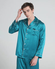 Casual Lapel Collar Silk Pajamas Set for Men, Peacock Blue