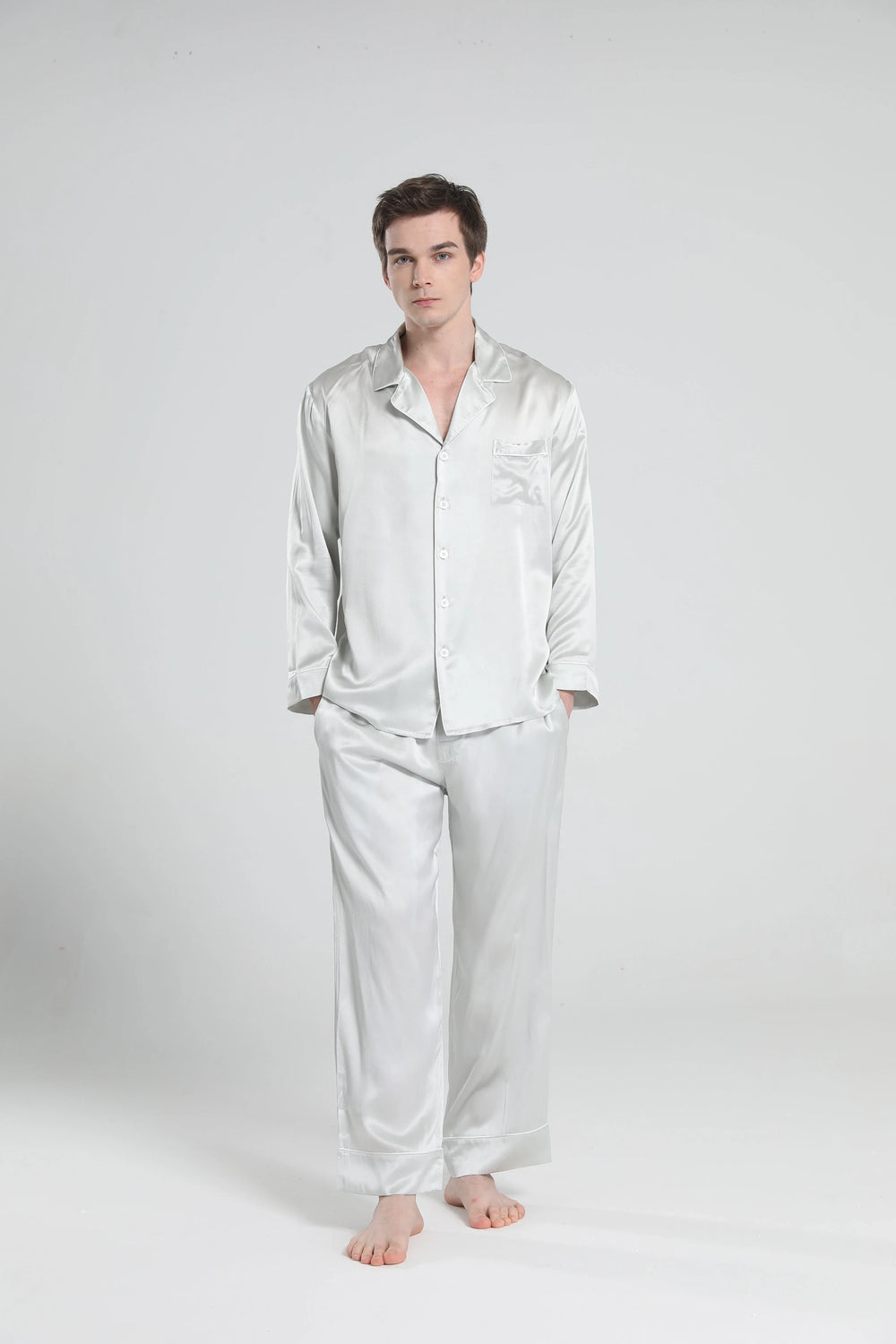 Casual Lapel Collar Silk Pajamas Set for Men, Grey