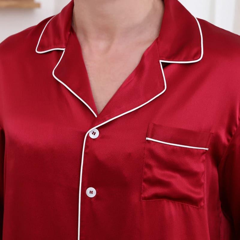Classic Couple Matching Silk Pajamas Set, Burgundy
