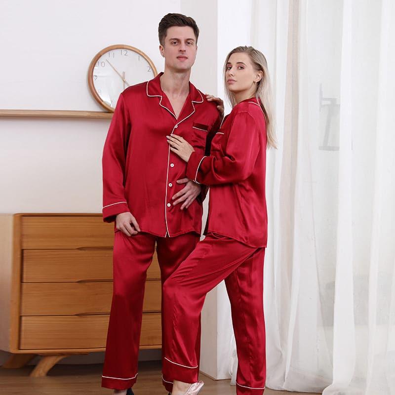 Classic Couple Matching Silk Pajamas Set, Burgundy