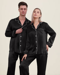 Classic Couple Matching Silk Pajamas Set, Black