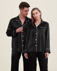 Classic Couple Matching Silk Pajamas Set, Black