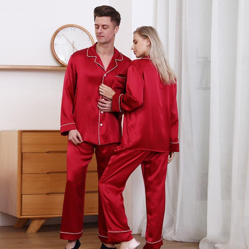 Classic Couple Matching Silk Pajamas Set, Burgundy