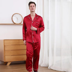 Classic Couple Matching Silk Pajamas Set, Burgundy