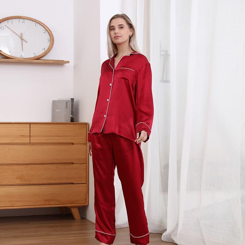 Classic Couple Matching Silk Pajamas Set, Burgundy