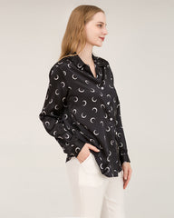 Crescent Moon Print Silk Blouse Shirts
