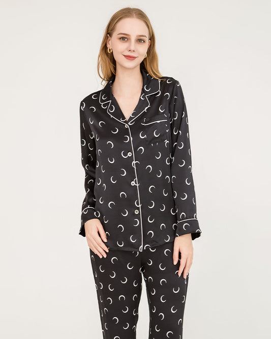 Crescent Moon Print Silk Pajamas