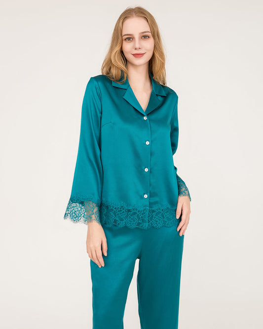 Elegant Lace Trim Silk Pajamas Set