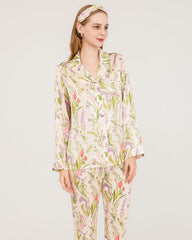 Elegant Floral Print Silk Pajamas Set