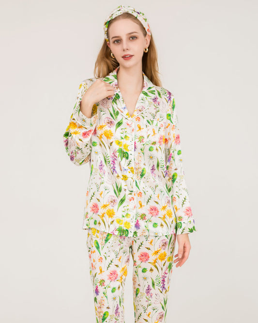 Elegant Floral Print Silk Pajamas Set
