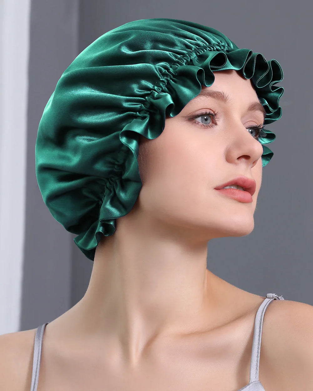 Flounced Silk Night Sleep Caps, Green
