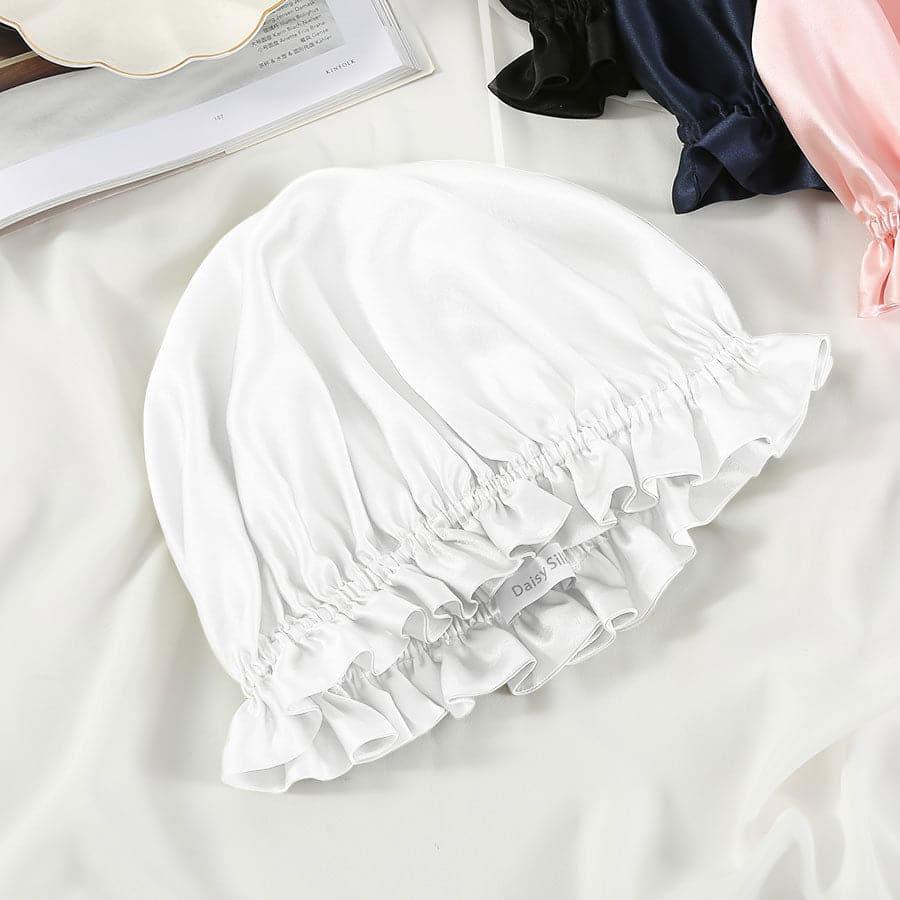 Flounced Silk Night Sleep Caps, White