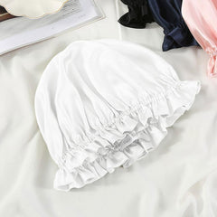 Flounced Silk Night Sleep Caps, White