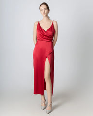 V-neck High Slit Silk Maxi Dress