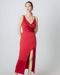 V-neck High Slit Silk Maxi Dress