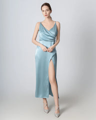 V-neck High Slit Silk Maxi Dress
