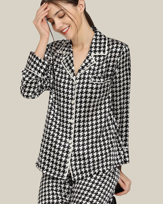 Houndstooth Print Silk Pajama Set