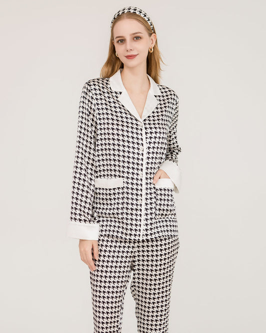 Houndstooth Silk Pajamas with Swarovski Buttons