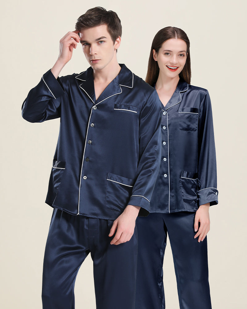 Long Silk Pajamas Home Wear For Couples, Navy