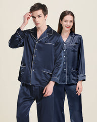 Long Silk Pajamas Home Wear For Couples, Navy