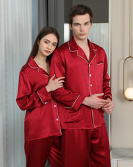 Long Silk Pajama Set For Couples, Burgundy