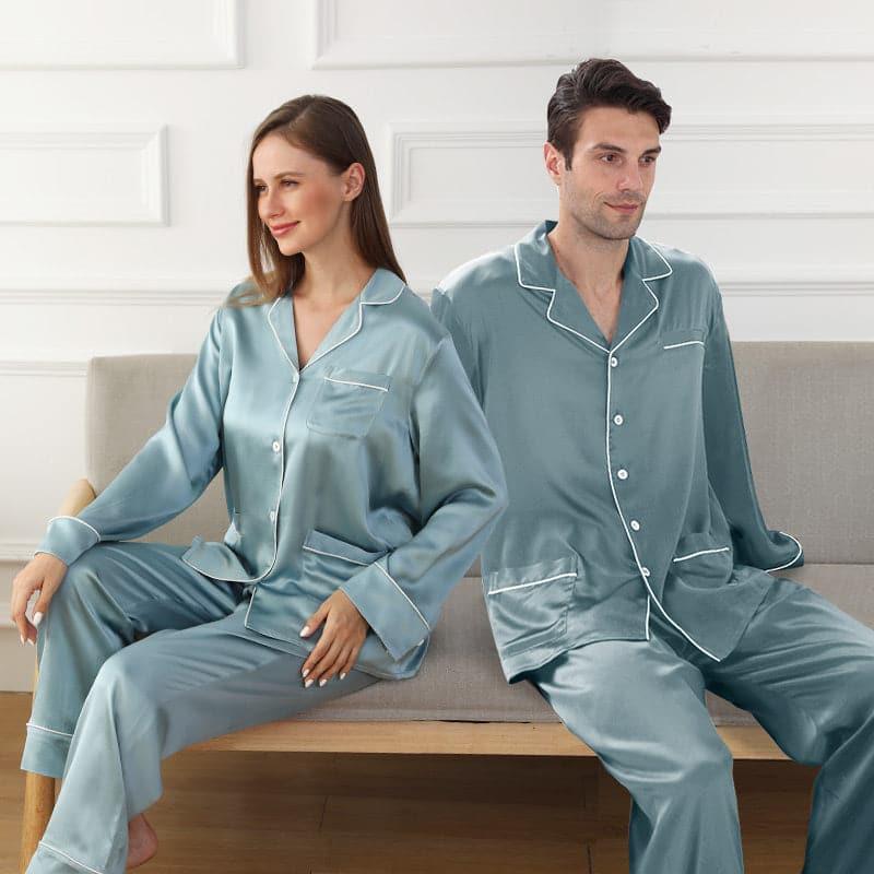 Long Silk Pajamas Home Wear For Couple, Blue