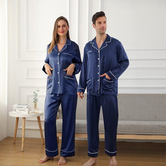 Long Silk Pajamas Home Wear For Couple, Navy