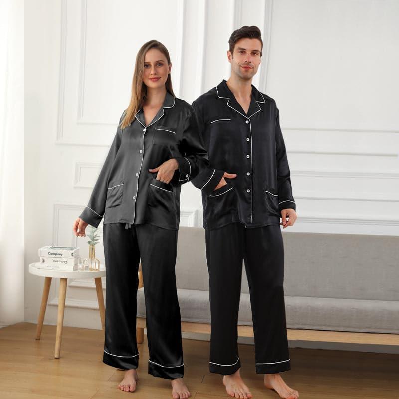 Long Silk Pajamas Home Wear For Couple, Black