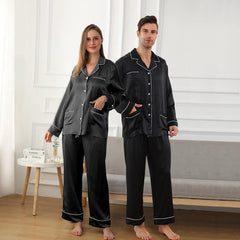 Long Silk Pajamas Home Wear For Couple, Black