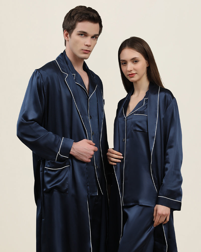 Long Silk Robes and Pajamas For Couples, Navy