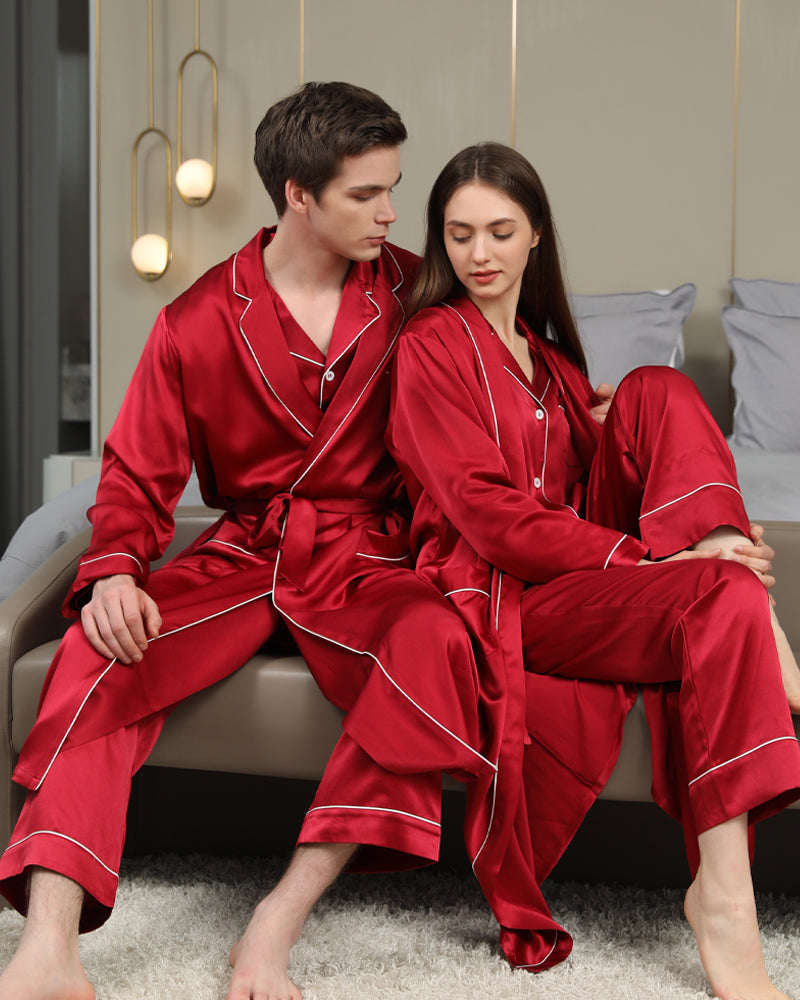 Long Silk Robes and Pajamas For Couples, Burgundy
