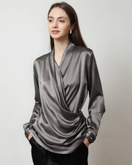 Long-Sleeve V-Neck Wrap Silk Shirt