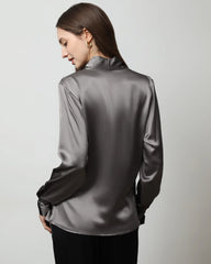 Long-Sleeve V-Neck Wrap Silk Shirt