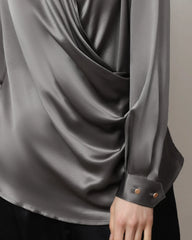 Long-Sleeve V-Neck Wrap Silk Shirt
