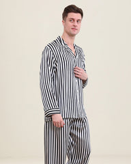 Men Silk Pajamas Set White Stripe Style
