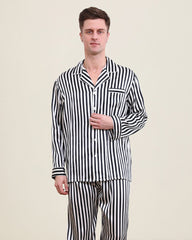 Men Silk Pajamas Set White Stripe Style