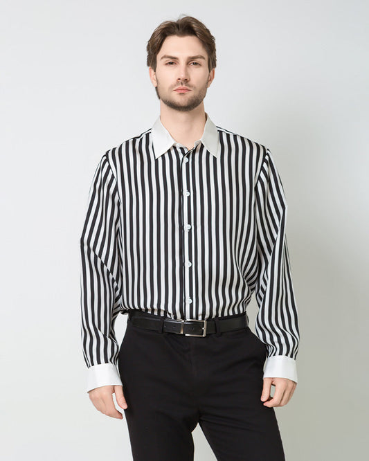 Men's Silk Striped White Collar&Cuffs Shirt