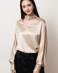 V-Neck Lantern Sleeve Silk Blouse
