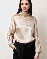 V-Neck Lantern Sleeve Silk Blouse